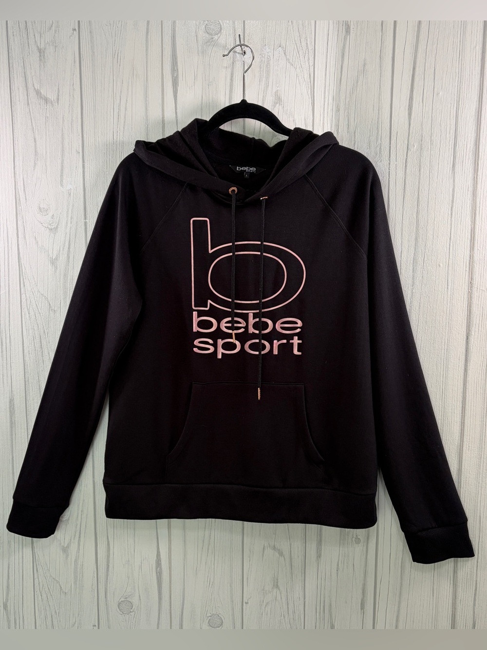 NWOT‎ BEBE SPORT Black Pullover Hoodie Metallic Rose Logo Graphic, Large